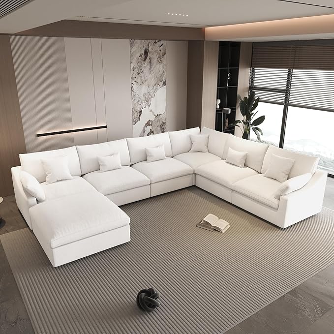 WJShome Cloud Couch for LivingRoom,190" U Shaped Modular Sectional Sofa with Ottoman,Down Filled 9 Seater Convertible Sleeper Sofa Bed Oversized Furniture Sets,White