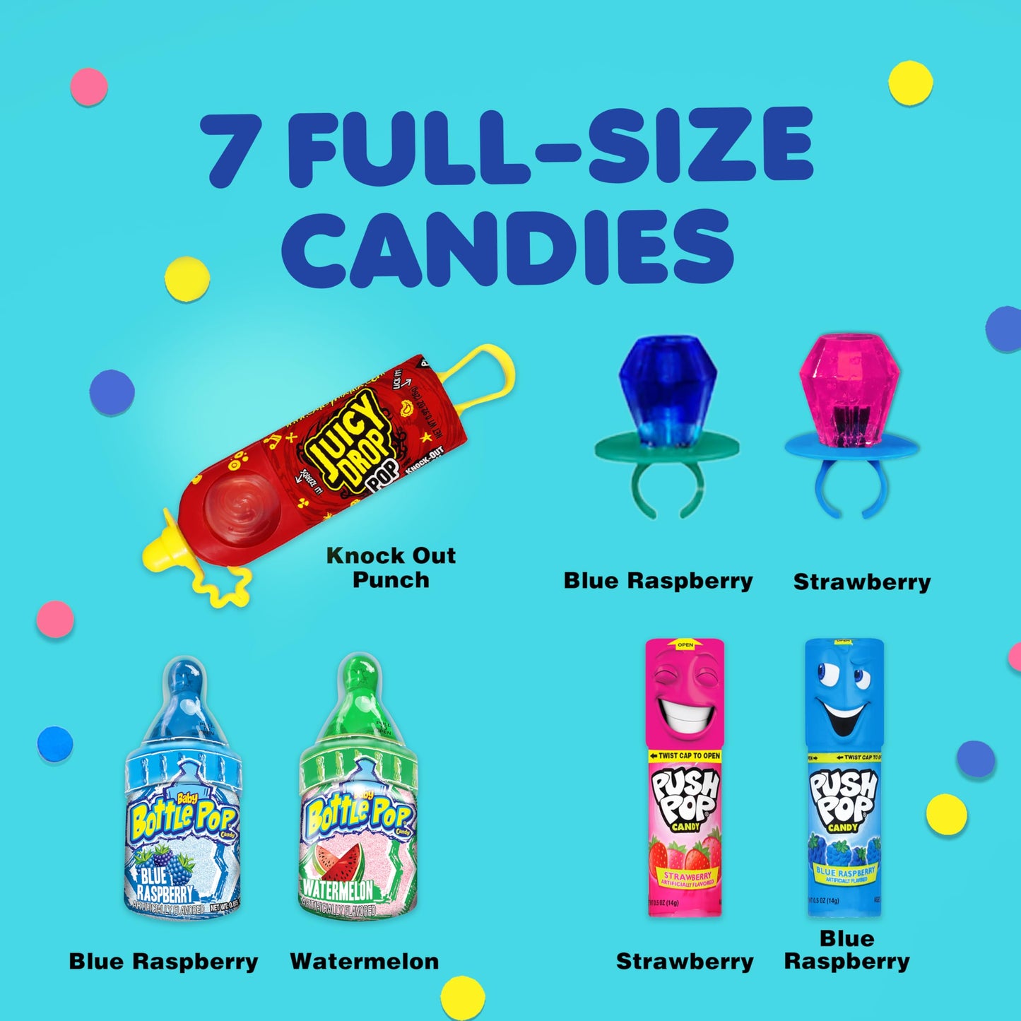 Assorted Candy Variety Pack 7 Count Lollipops - Ring Pop, Push Pop, Baby Bottle Pop & Juicy Drop - Ideal for Kids Party Favors, Party Favor Bags by Bazooka Brands