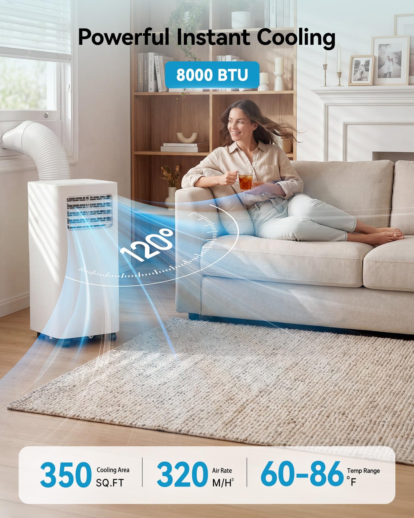 Feelfunn 8000 BTU Portable Air Conditioner, 3-in-1 Cools 350 Sq.Ft, Quiet AC with Fan & Dehumidifier, LED Display, Remote, 24H Timer, Window Kit, for Bedroom/Office/Dorms