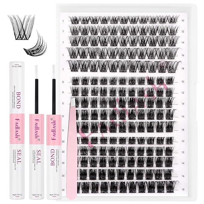 FADLASH Lash Clusters Kit 10-18mm Eyelash Cluster Lashes with Lash Bond and Seal Lash Tweezers DIY Lash Extension Kit (K1K3K4-07D-10-18 Kit)