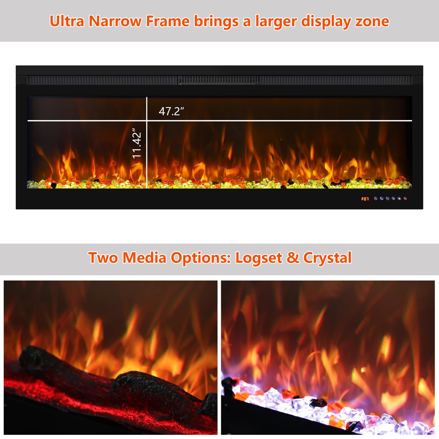 Oxhark Flame 50 Inch Smart Electric Fireplace Insert with Heater, Recessed or Wall Mounted, Remote and App Control, 9H Timer, Adjustable Realistic Flame Effects, 1500W Heater