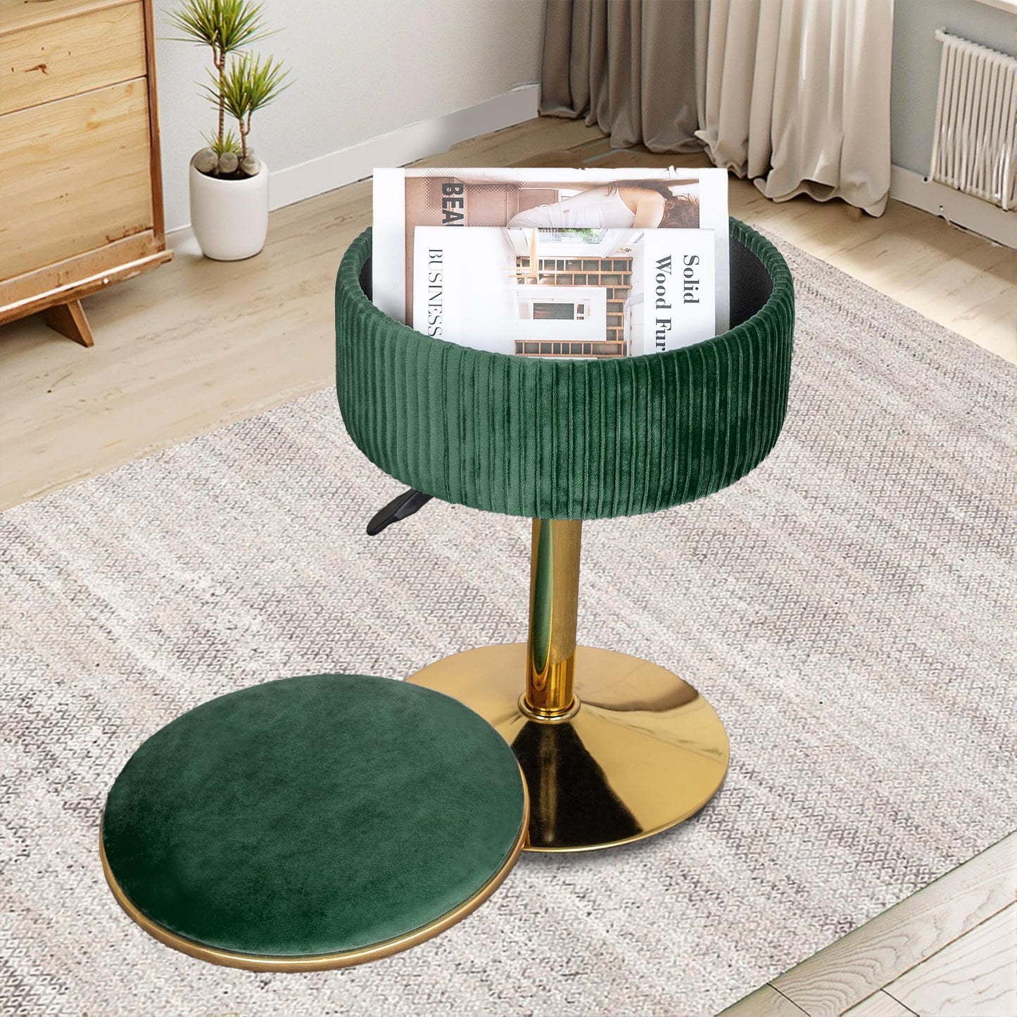 LITZFUR Velvet Vanity Stool for Makeup Room, Round Storage Ottoman Height Adjustable Gold Vanity Chair, 360° Swivel Footrest for Living Room Bedroom, Dark Green