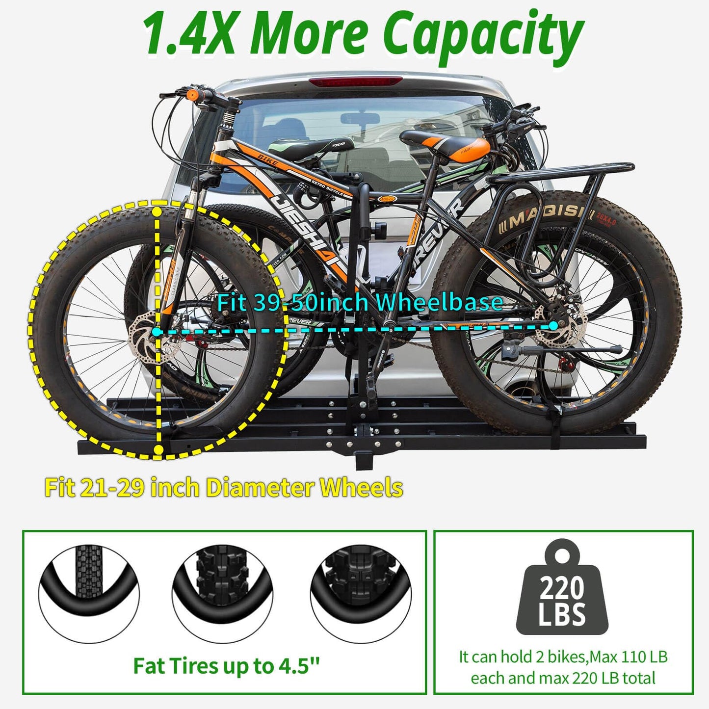 Bike Rack Hitch Mount with Ramp for 2 Bikes - Platform Ebike Rack Fits Fat Tires up to 220 lbs - Foldable & Tilt Electric Bike Rack for SUV, Truck, RV - 2 Inch Receiver