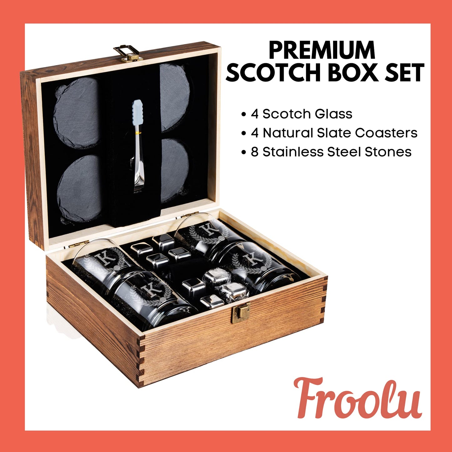 Froolu Customized Whiskey Gifts for Men - Personalized Scotch Glass Gift Set with Box - Engraved Wisky Rocks Glasses for Boyfriend, Husband, Dad - Valentine's, Birthday, Anniversary, Christmas.