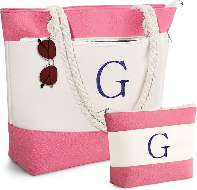 YOOLIFE Beach Bags for Women - Initial Canvas Tote Waterproof Bag with Makeup Bag Gifts for Women Mom Friend Birthday Her