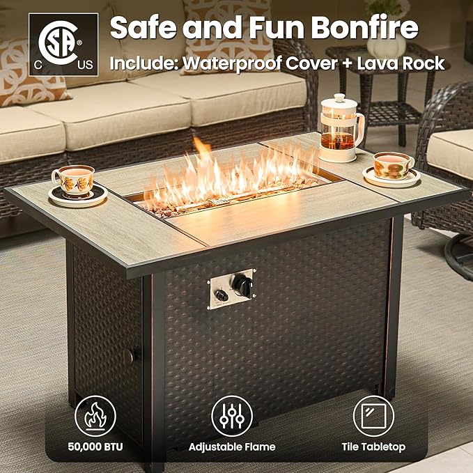 ovios 8 Pieces Patio Furniture Set, Outdoor Wicker Sofa Couch with Swivel Chairs 42" Fire Pit Table, High Back Modern All Weather Conversation Sets, Brown Rattan, Beige