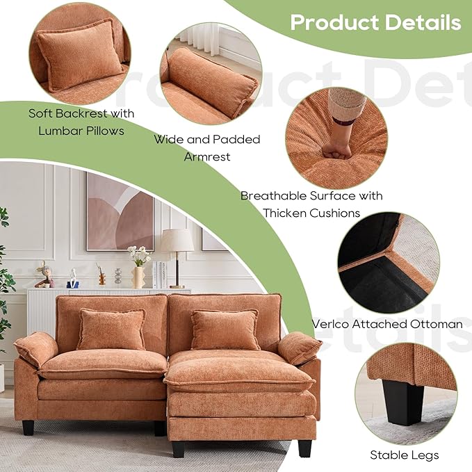 Oprisen 86" Modular Sectional Sofa, Comfy Cloud Couch Sectional Sofa with Ottoman, Chenille Sofa Sleeper Deep Seat Sofa with Throw Pillows for Living Room (Orange, 86"- L Shape)