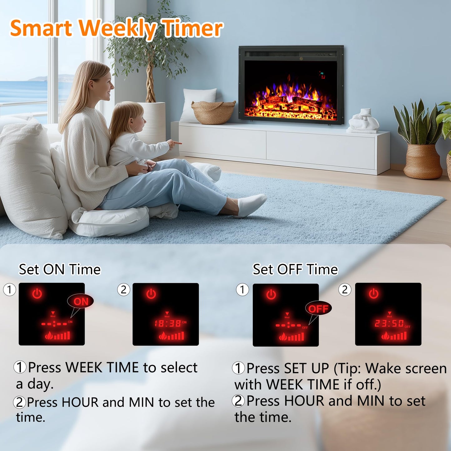 23.6 Inch Electric Fireplace Insert, Recessed Electric Fireplace Heater with Adjustable Brightness, Weekly Timer, Remote Control, Overheat Protection, 750/1500W