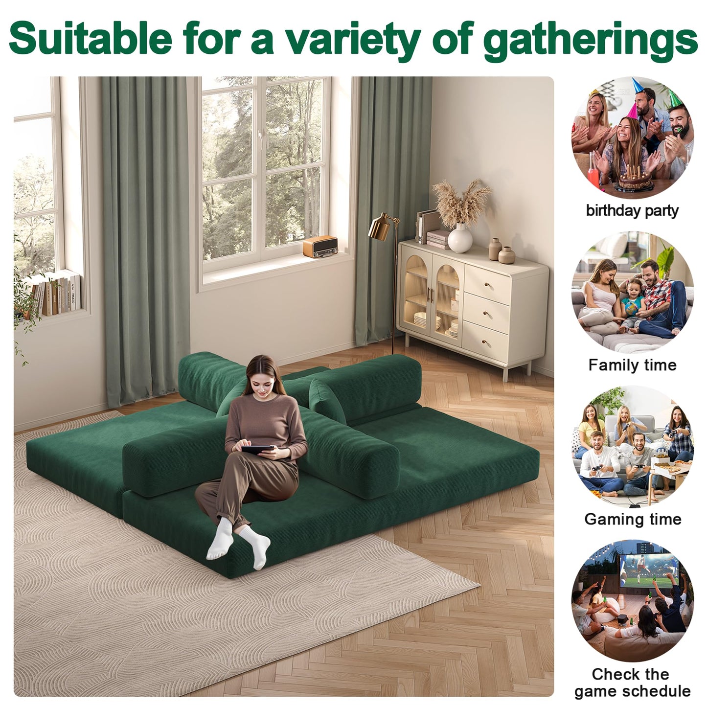 Carzzi-Life 79" Convertible Sofa Bed with Pillows, Corduroy Folding Sleeper Sofa with Fixed-Shape Frame, Boneless Couch for Living Room Bedroom, Floor Sofa Lounge No Assembly Required (Green)