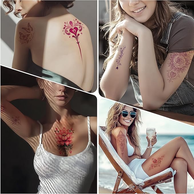 Pink Boho Temporary Tattoos | realistic temporary tattoos specially designed for women. These are waterproof fake tattoo stickers featuring floral and butterfly patterns.