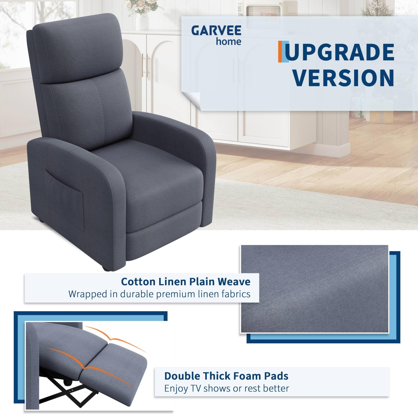 Garvee Recliner Chair for Adults, Leather Lazy Recliner Ergonomic Adjustable Single Sofa Enhanced with Side Pocket, Tall Back, Wide Arms & Padded Seat, Home Theater Seating for Living Room, Grey