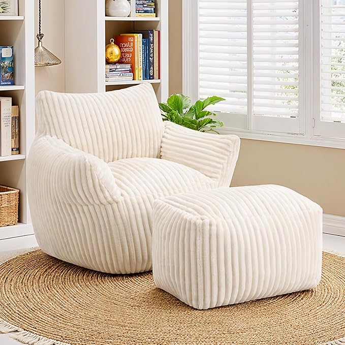 JULY'S SONG Bean Bag Chair with Ottoman for Adults, Fluffy Cream Lazy Couch Sofa Chair with Armrests for Living Room, Bedroom & Dorm