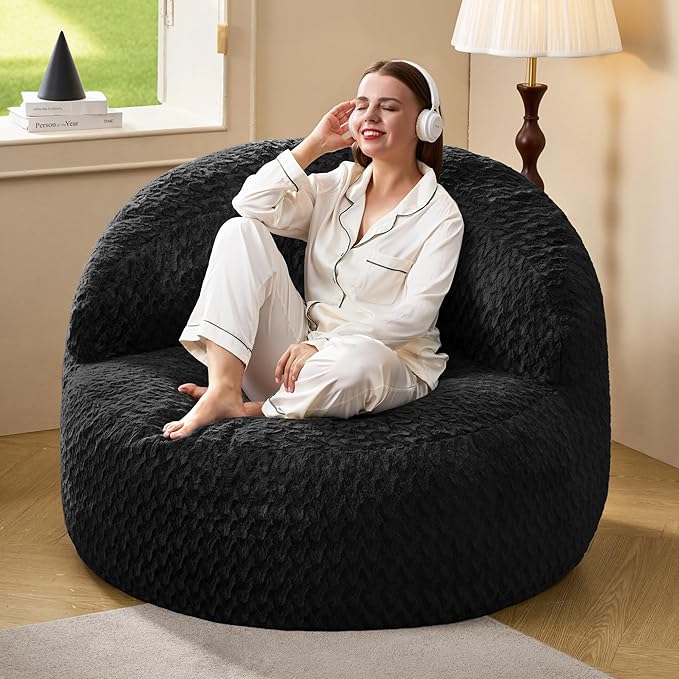 Hobestluk Bean Bag Chair Giant Bean Bag Chairs for Adults Big Bean Bag Chair with Memory Foam Filler Adults Large Beanbag with Faux Fur Cover for Bedroom (Chevron Black,Large)