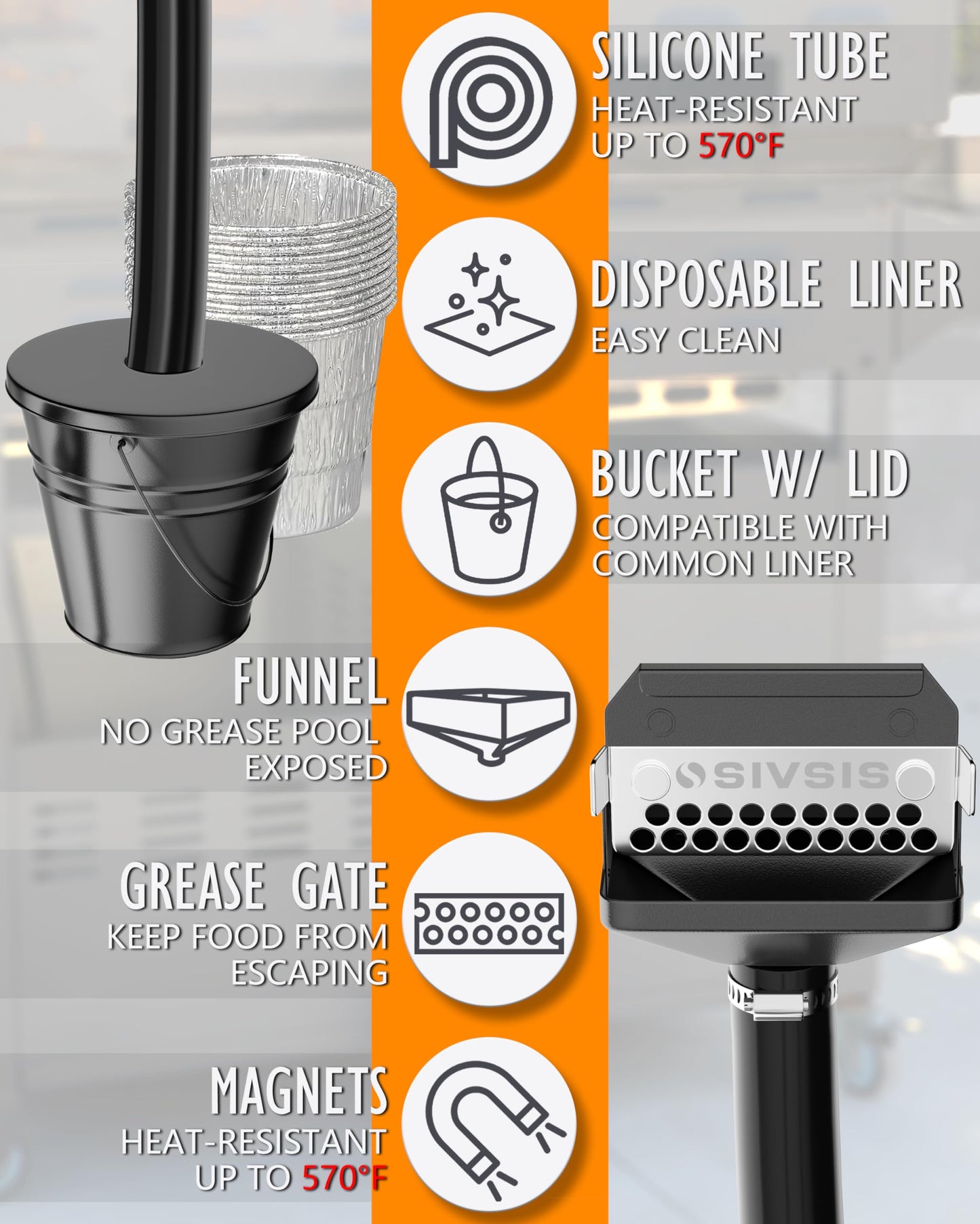Magnetic Rear Grease Drainage Funnel for Blackstone, Griddle Grease Catcher for Blackstone, 0.6 Gal Bucket W/Lid, 10 Aluminum Drip Liners, 304 Stainless Movable Grease Gate, Blackstone Accessory