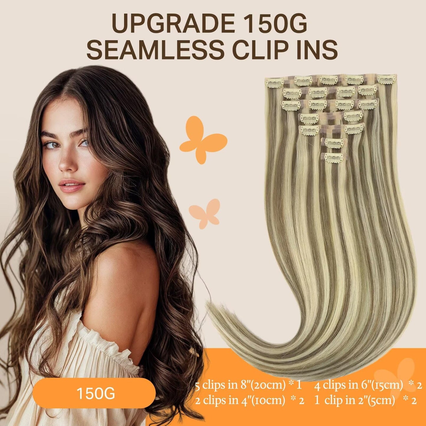 DOORES Clip in Hair Extensions, Light Brown Highlighted Medium Blonde Human Hair Extensions 22 Inch 150g 7pcs, Virgin Hair Exten