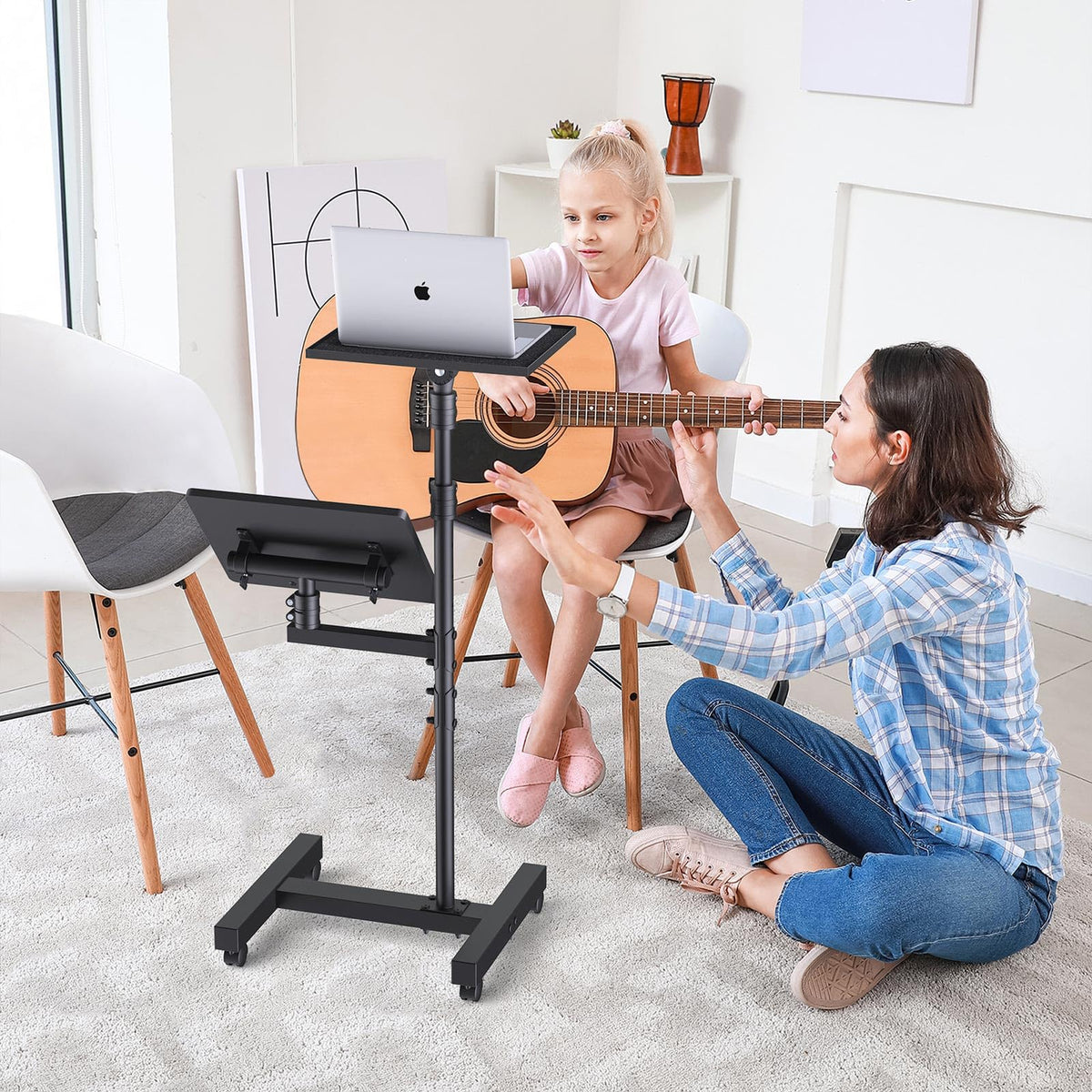 Facilife 2 Shelves Projector Stand Tripod, Mobile Laptop Cart on Wheels Projector Tripod Stand Adjustable Height 45 to 64 Inches, Overbed Table with Wheels, Rolling Laptop Floor Stand for Couch