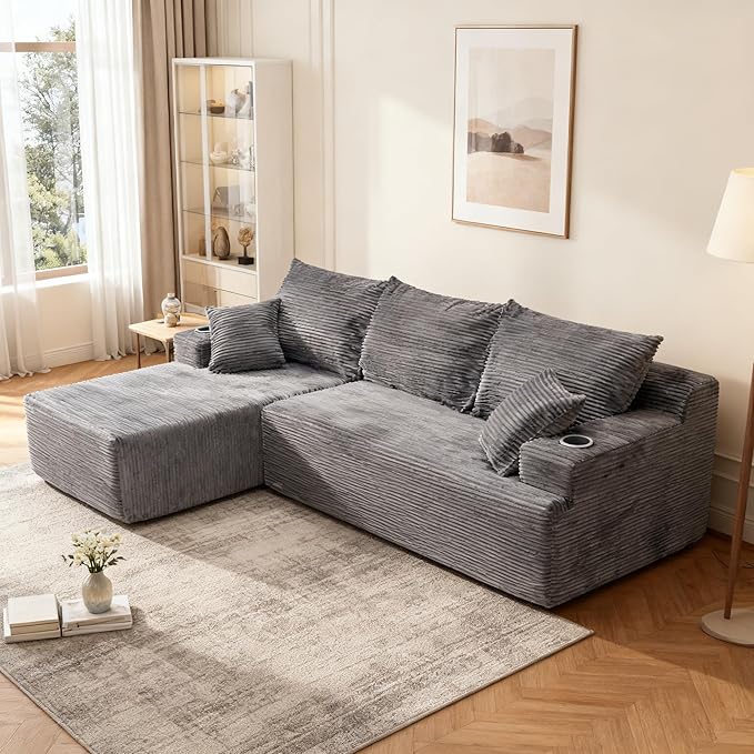 105" Cloud Sectional Couch with L-Shape Chaise, Modular Sectional Sofa with Deep Seat & 2 Cup Holders, Modern Corduroy Boneless Couches for Living Room, No Assembly Required, Left Facing Chaise, Grey | Pet Friendly, Flexible Layout