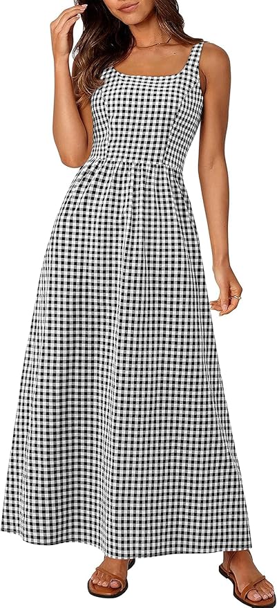 PRETTYGARDEN Women's 2026 Summer Spaghetti Strap Maxi Dresses Plaid Square Neck A Line Casual Beach Vacation Long Sundress