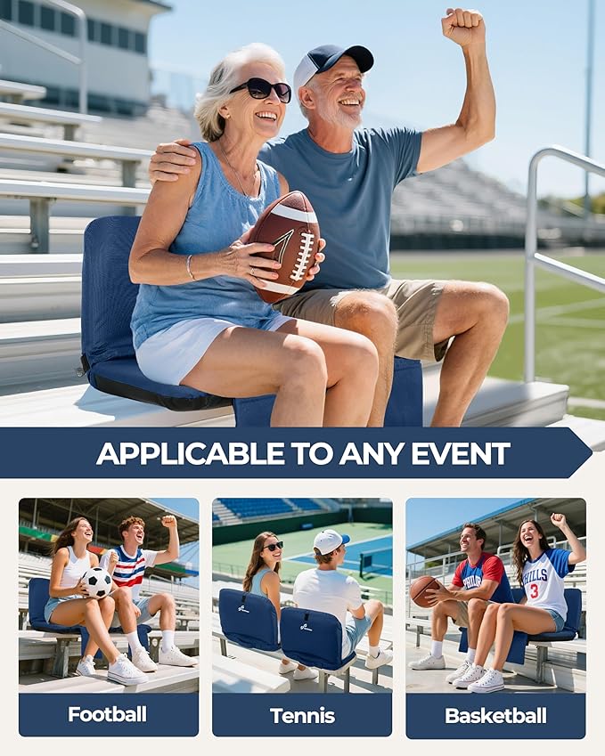 Sportneer Stadium Seats with Back Support: 6 Reclining Position Folding Bleacher Chairs with Back and Cushion - Padded Bleacher Seats with Shoulder Strap & Storage pocket for Events, Outdoors, Camping