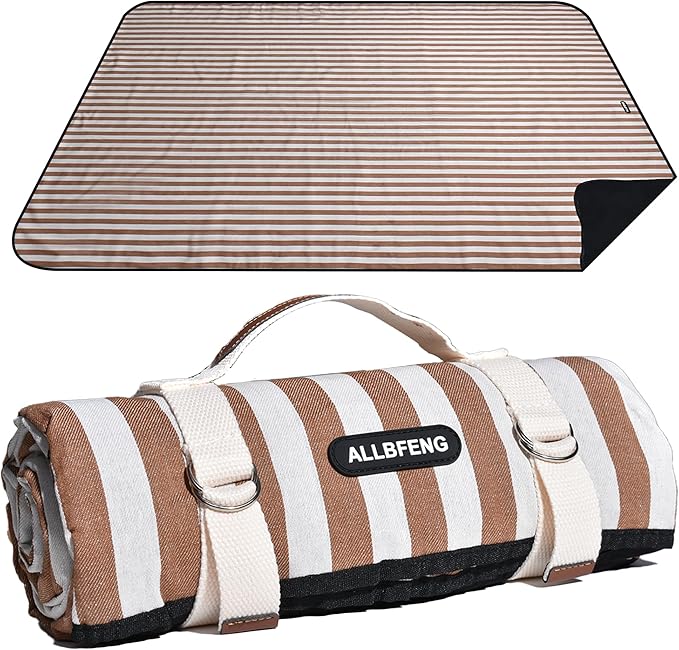 Striped Picnic Blanket Waterproof & Sand Proof, 5-Layer Beach Blanket Portable with Carry Strap, Extra Large Foldable Picn...