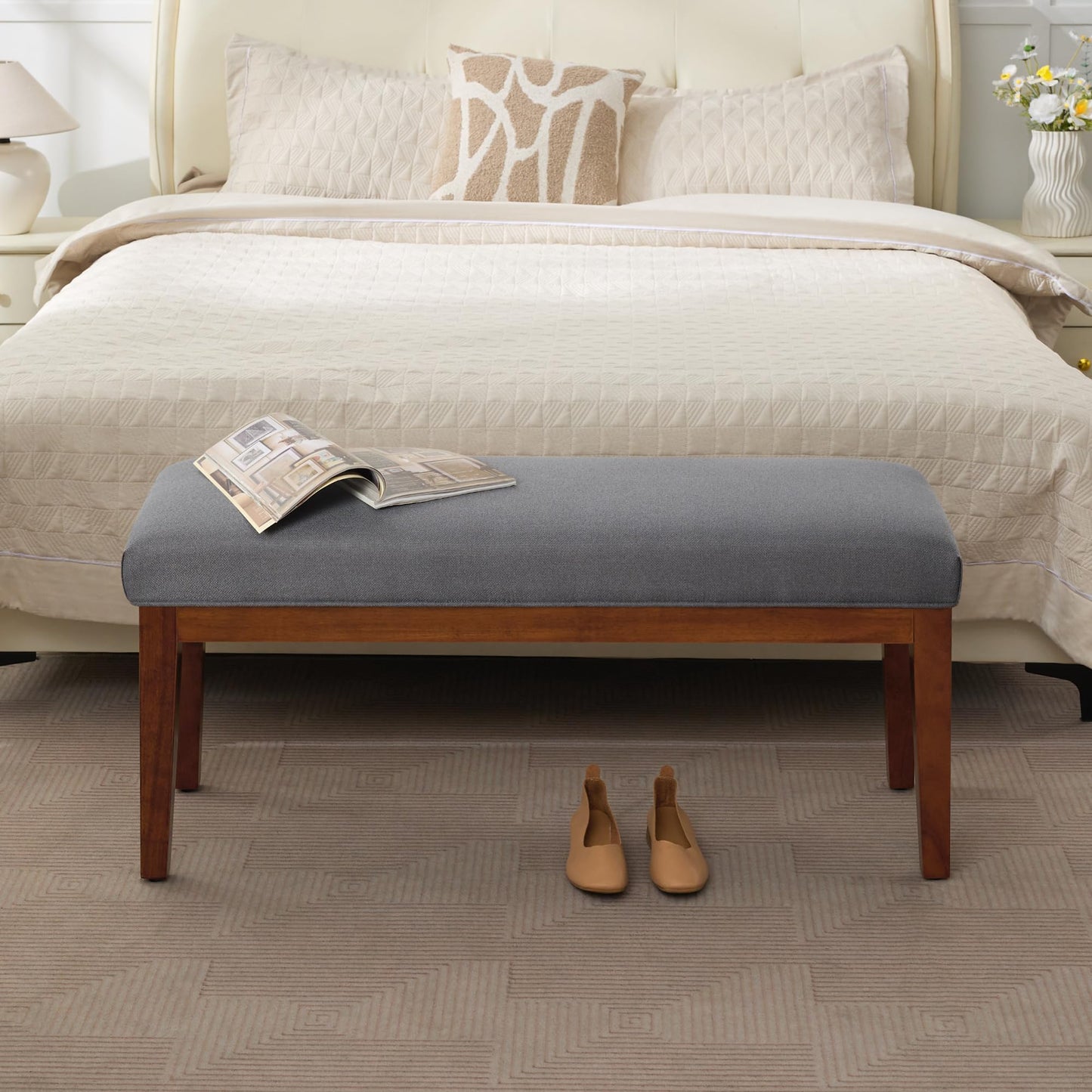 43.5'' Linen Bedroom Bench, Upholstered End of Bed Bench, Padded Vintage Dining Bench, Entryway Bench with Solid Wood Legs, Kitchen, Living Room, Hallway, Dark Grey
