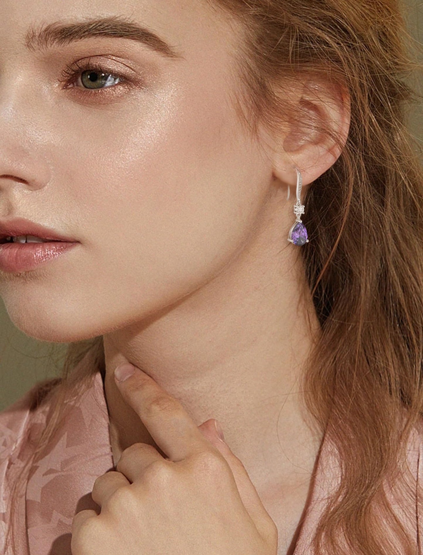 PYNZY Teardrop Dangle Drop Earrings 925 Sterling Silver Earrings with 7x10MM Created Amethyst Birthstones, Dangle Earring for Women Jewelry Gifts