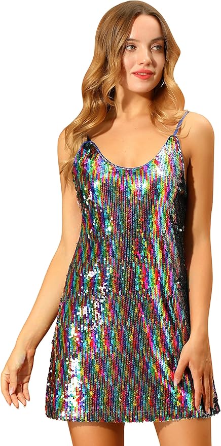 Allegra K Women's Glitter Sequin Dress Spaghetti Strap V Neck Party Cocktail Sparkly Mini Dress Clubwear