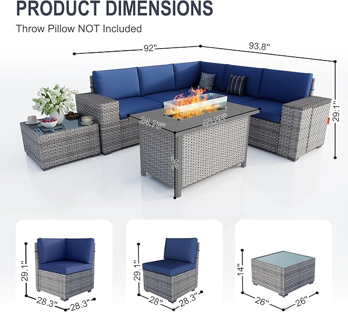 13 Pieces Patio Conversation Set, Rattan Furniture Set with Wide Armrests and Coffee Table, Outdoor Modular Sectional Couch Wicker Sofa with Fire Pit for Garden Backyard Porch Deck (Blue Cushions)