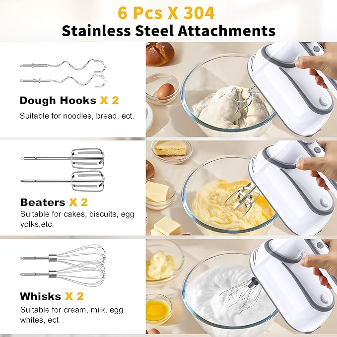 Cordless Hand Mixer, 12-Speed Rechargeable Electric Handheld Mixer with 6 x 304 Stainless Steel Attachments (2 Whisks, 2 Beaters, 2 Dough Hooks) & Storage Case, for Baking, Eggs, Cakes (White)
