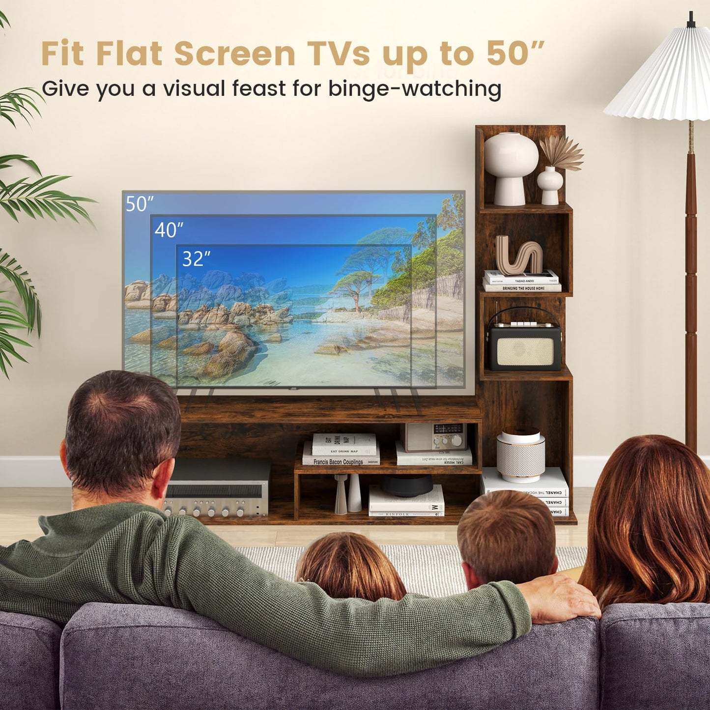 Giantex L-Shaped TV Stand for TVs up to 50", TV Entertainment Center with Storage & 3 Tier Bookshelves, Modern TV Console Table for Living Room, Bedroom, Entryway (Rustic Brown)