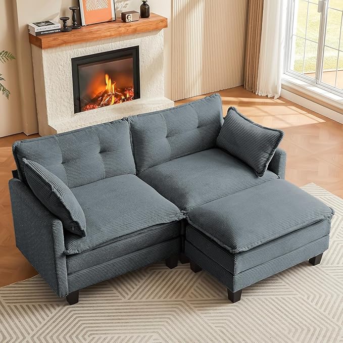 Amsleekey Modular Sectional Sofa, 76.5" L-Shaped Corduroy Comfy Sectional Couches for Living Room, 2-Seater Cloud Couches with 1 Movable Ottoman, Flexible Combination Modern Deep Seat Sofa (Grey)