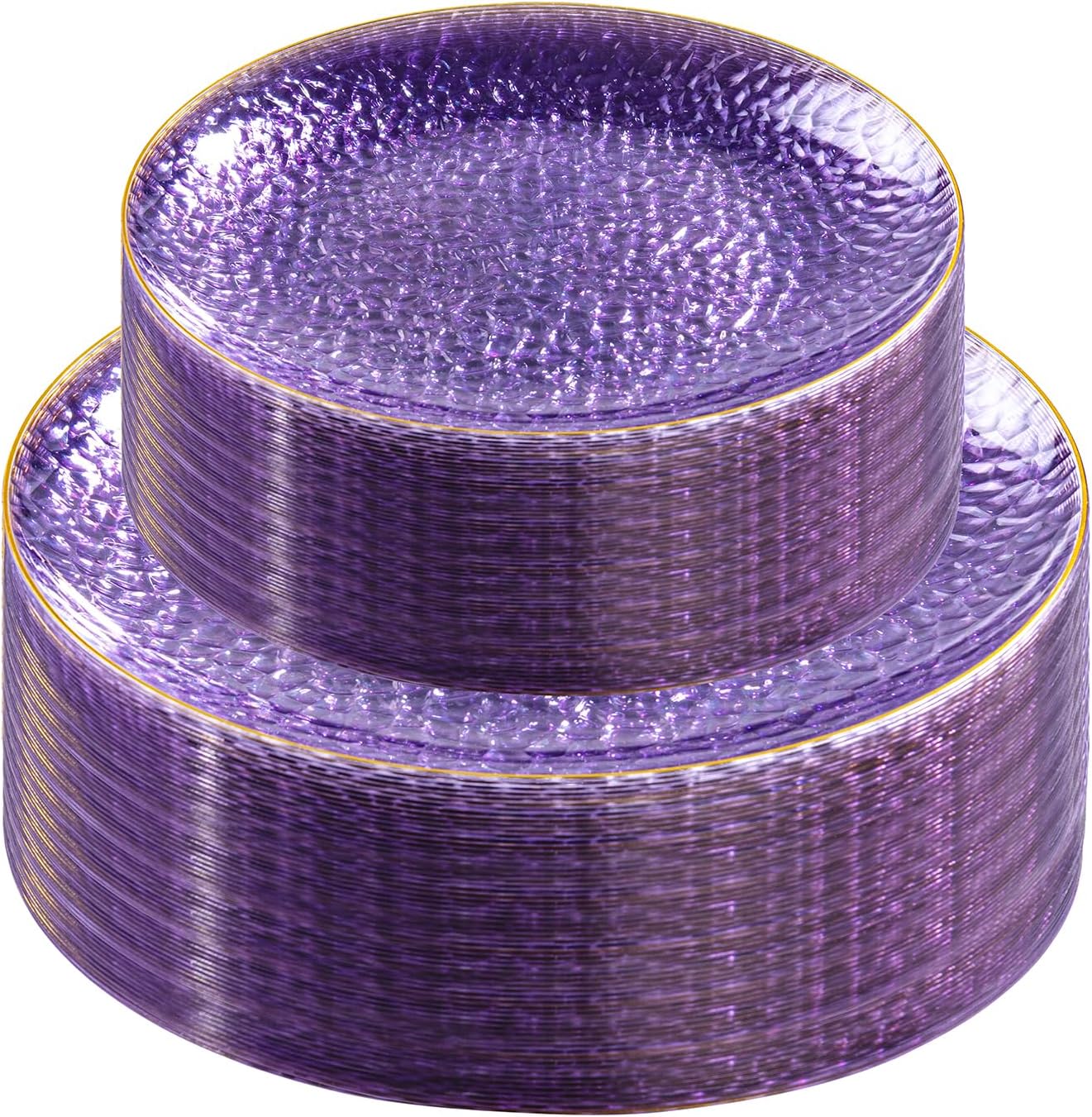 Rubtlamp 60Pcs Clear Purple Gold Plastic Plates, Purple Disposable Plates With Gold Rim, Hammered Plastic Plates Include 30 Clear Dessert Plates, 30 Dinner Plates for Party