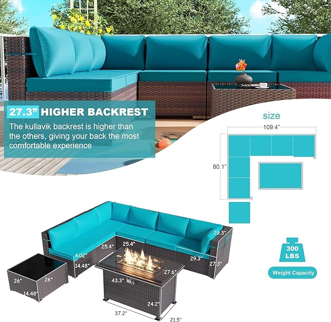 Kullavik 8 Pieces Outdoor Patio Furniture Set with 43" Gas Propane Fire Pit Table PE Wicker Rattan Sectional Sofa Patio Conversation Sets,Blue