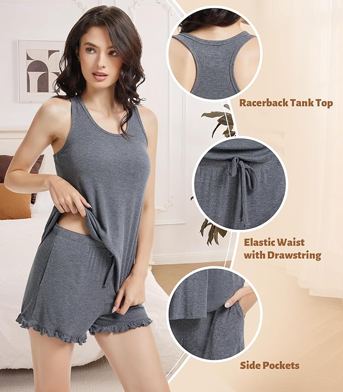 NACHILA Pajamas for Women-Viscose from Bamboo, Ribbed Racerback Tank Top Sexy Split Shorts Pajama Sets Cooling Sleep Cami Pjs