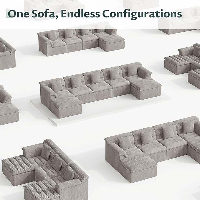 SUNG7 111.8" Modular Sofa with Ottoman, Boneless Cloud Couch with Deep Seat, Comfy U-Shape Corduroy Couches for Living Room, No Assembly Required, Light Gray