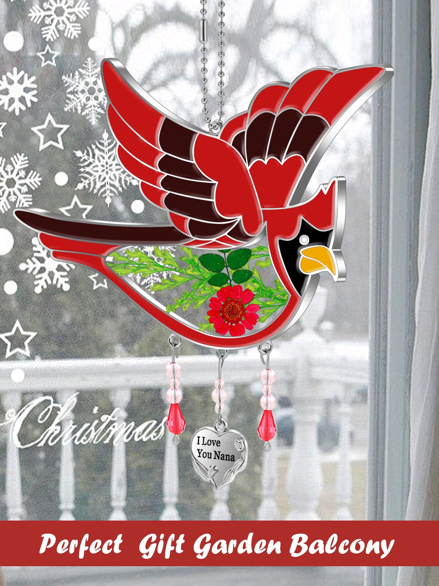 KY&BOSAM Cardinal Suncatcher I Love You Nana Gifts Stained Glass for Windows Hangings Wind Chime Ornament with Pressed Real Flowe and Heart Charm Birthday Gifts for Nana Women Mother's Day Christmas