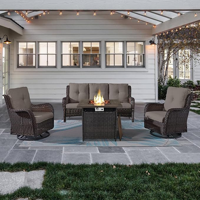 Belord Outdoor Patio Furniture Set with 50000BTU Propane Fire Pit Table, 4 Pieces Wicker Patio Conversation Set with 2 Swivel Rocker Glider Chairs Rattan Sofa Grey Cushion Perfect for Gathering