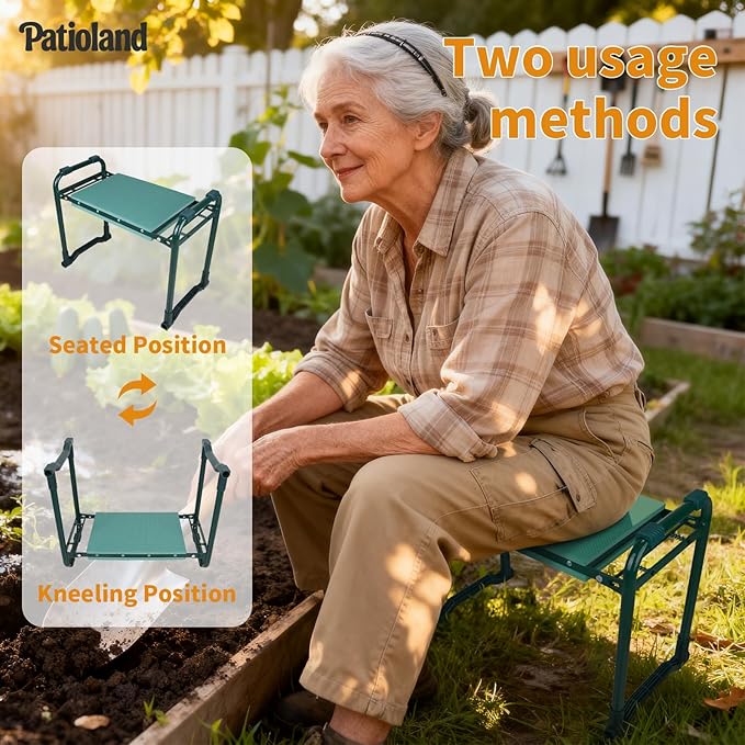 Patioland Garden Kneeler and Seat with 1 Tool Bag, 10.2" Widen Heavy Duty Thicken Soft Kneeling Pad, 2-in-1 Folding Garden Stool, Outdoor Yard Work Seat, Ideal Gardening Gifts for Mom, Women, Grandma