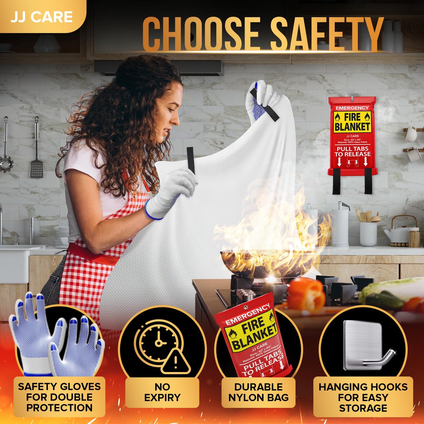 JJ CARE Fire Blanket – 9 Packs with Hooks and Gloves – 40” x 40” Fire Blankets Emergency for Home and Kitchen, High Heat Resistant and Flame Protection for Kitchen, Car, Office, Camping & Home Safety