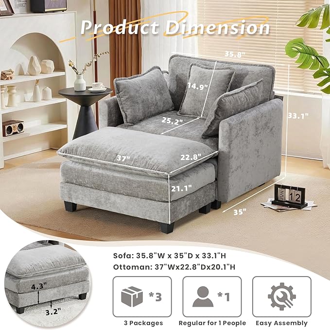 SoarFlash Chenille Sectional Sofa, Comfy Modular Single Sofa with Ottoman, Modern Recliner Deep Seat Sofa Set for Living Room,Grey