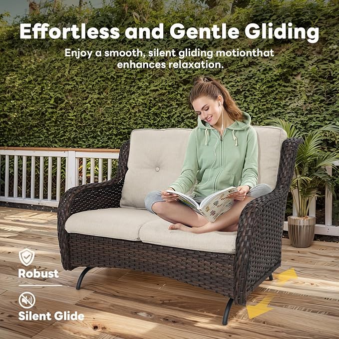 Belord 4 Piece Patio Furniture Set - Outdoor Glider Bench with Swivel Rocker Chairs and Coffee Table, High Back Small Outdoor Conversation Furniture Sets for Deck Sunroom Balcony Backyard