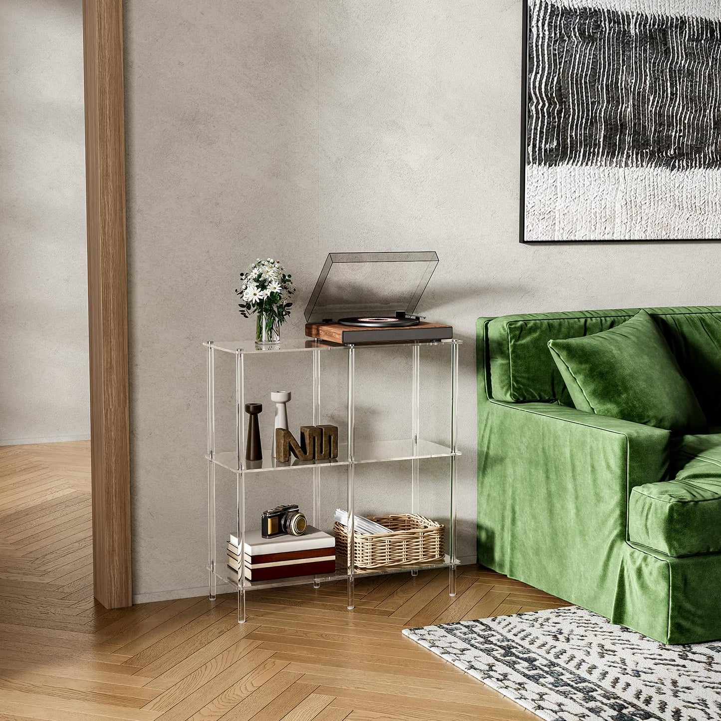 CRTERICX Acrylic Console Table, 29.5" Small Entryway Table with Open Shelves, Clear Entry Table for Sofa, Foyer, Hallway, Living Room, Easy Assembly, 3 Tier, 11.8" D x 31.7" H