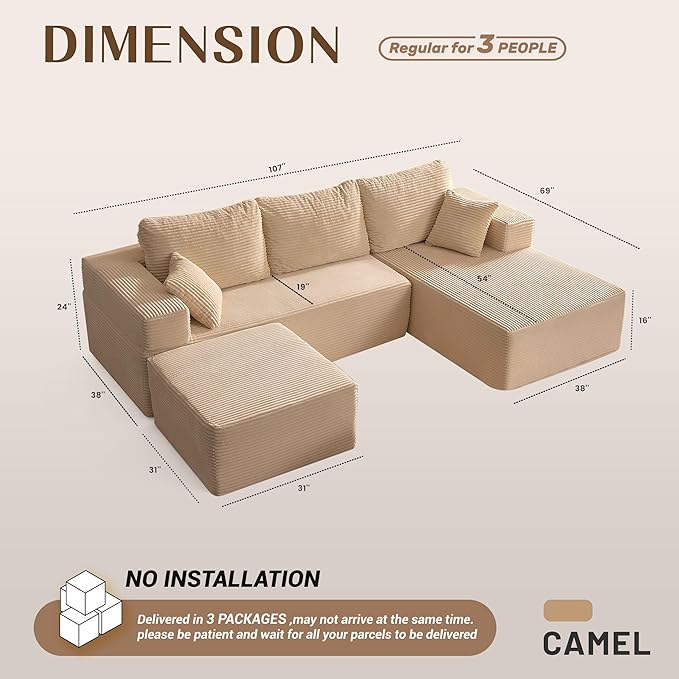 Afuson 107" Boneless Couch with Deep Seat, Modular Sectional Sofa, Cloud Sectional Couch for Living Room, No Assembly Required, Corduroy, U-Shape 3 Seater Right, Camel