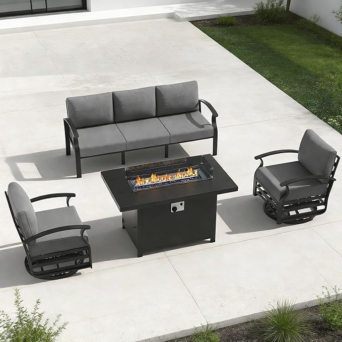 RTDTD Aluminum Outdoor Patio Furniture Set,4 Pieces 5 Seats Patio Conversation Sets with 45" Propane Fire Pit Table,Metal Patio Sectional Furniture Set with 2 Swivel Rocking Chairs,Grey