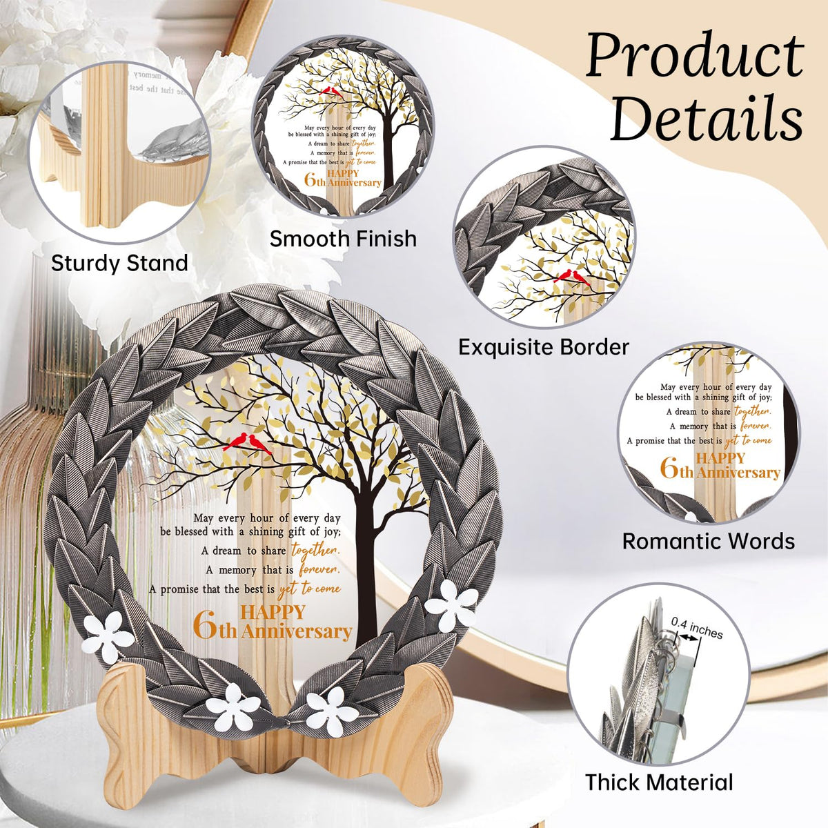 6th Anniversary Wedding Gifts Crystal Plate with Iron Leaf Wreath – 6 Years Iron Ideas for Couple or Parents – Cardinal Style