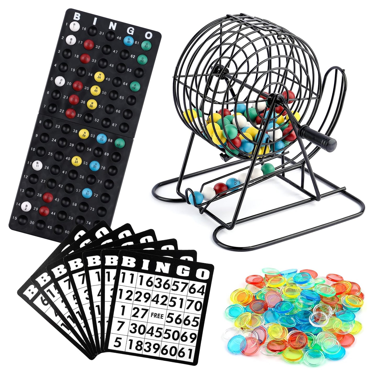 Homwom Deluxe Bingo Game Set Includes 18 Mixed Cards, 150 Vibrant Chips, 75 Calling Balls, 8” Bingo Cage - Premium Bingo Set for Large Groups and Parties