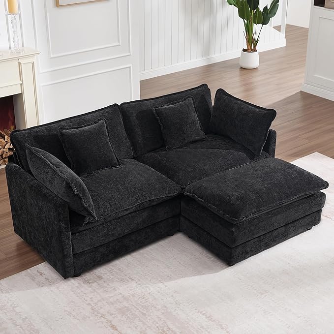 KIVENJAJA Chenille L-Shaped Modular Sectional Sofa, Modern Loveseat Comfy Deep Seat Cloud Couch with Ottoman/Chaise & 4 Pillows for Living Room Office Apartment, 76.7" W, Black