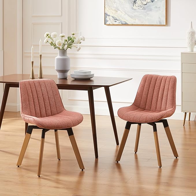 Art Leon Dining Chairs Set of 4, Mid Century Modern Swivel Dining Room Chairs, Fabric Upholstered Armless Side Chairs with Wood Legs for Kitchen Living Room Bedroom, Rose