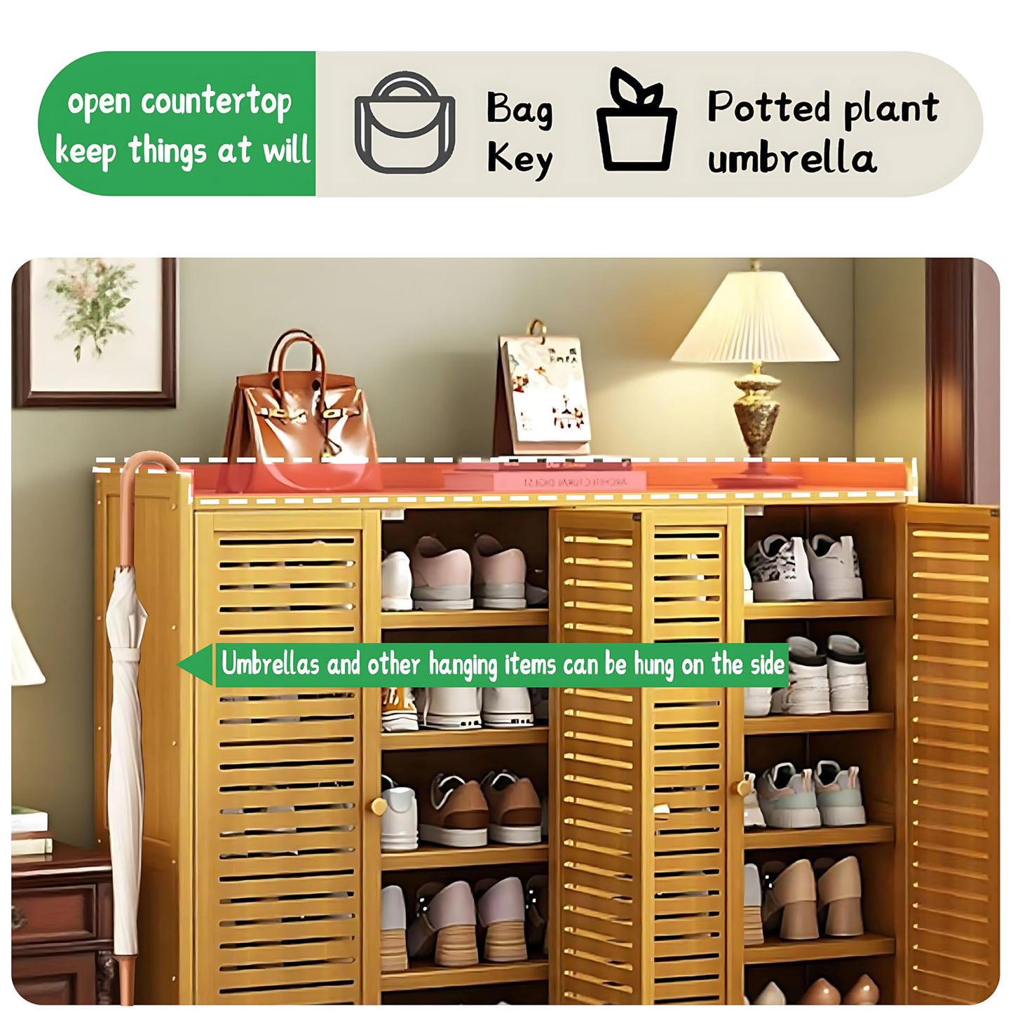 famlycokli 7-Tier Bamboo Shoe Storage Cabinet for Entryway, Shoe Cabinet with Shutter Doors, 36-40 Pairs Freestanding Shoe Rack Organizer, Shoe Organizer with Adjustable Shelves for Hallway, Closet