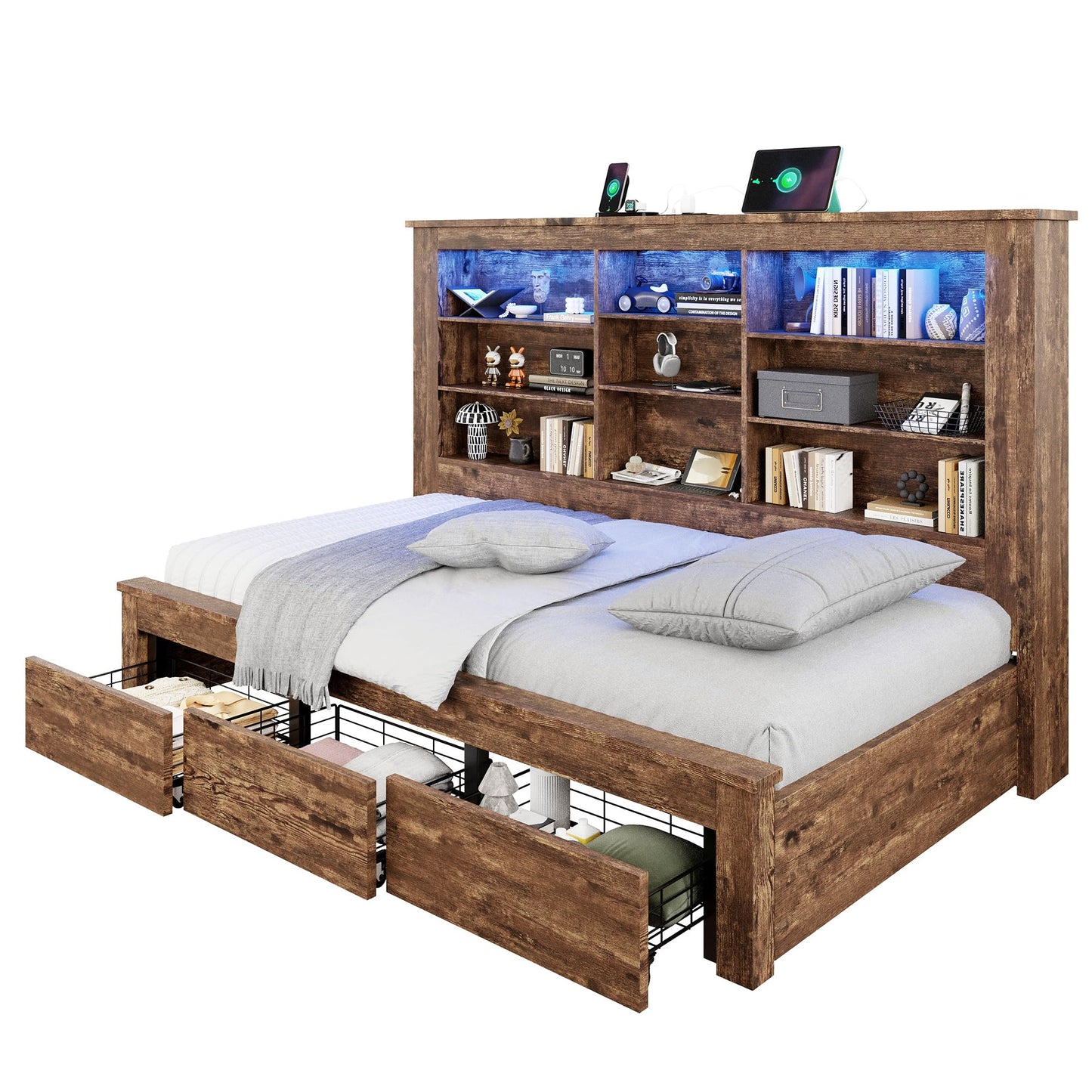 Jocisland Twin Daybed with Bookcase Headboard, USB-C Charging, RGB Lights & 3 Drawers, No Box Spring Needed, Wood Bed Frame for Teens, Dorms, Guest Room, Rustic Oak